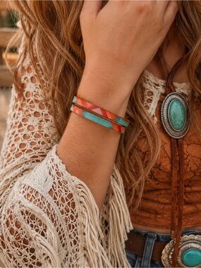Vintage Handcrafted Geometric Leather Wrap Bracelet Boho Western Artisan Cuff